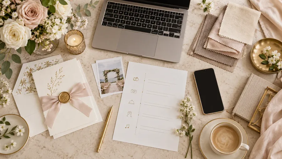 Wedding stationery, schedule and phone laid out on a marble table