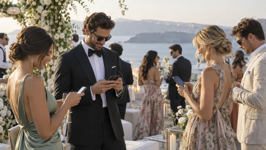 Wedding guests at a seaside celebration checking the weekend details on their phones