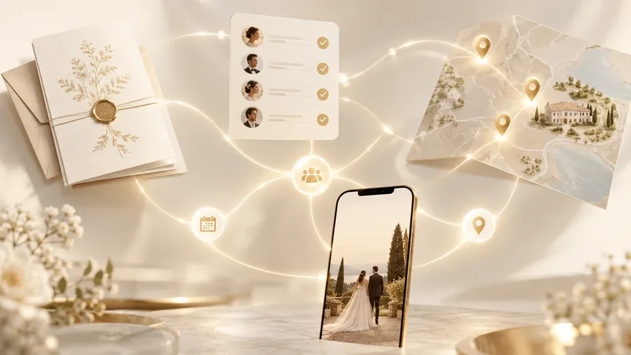 Invitation, RSVP list, map and schedule all connected to a single phone